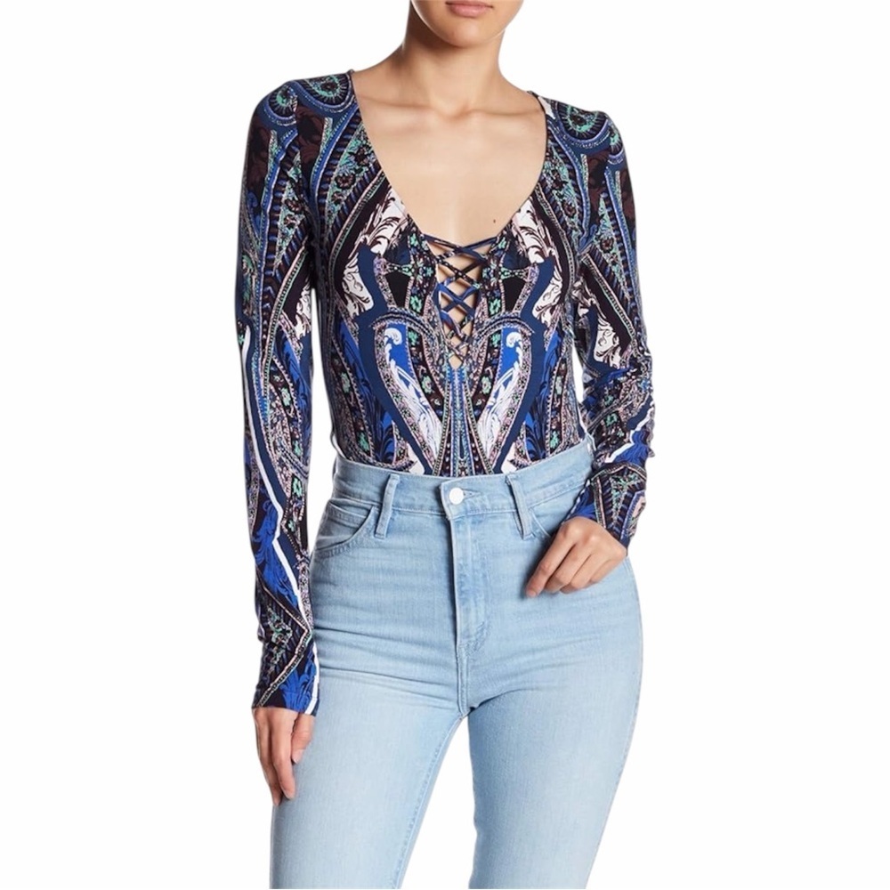 Free People Pick A Place Bodysuit Lace Up Blue